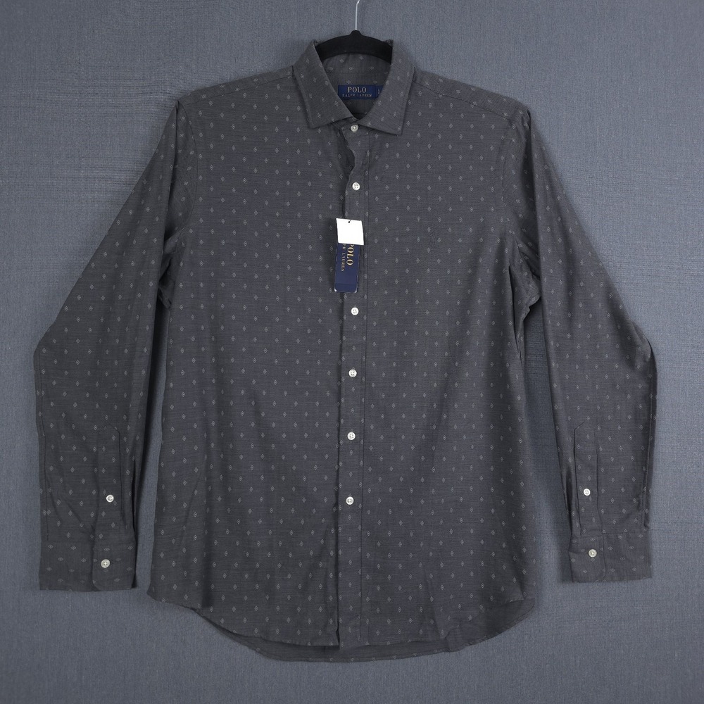 Polo Ralph Lauren Shirt Mens Large Gray Geo Diamond Print Long Sleeve Button Up